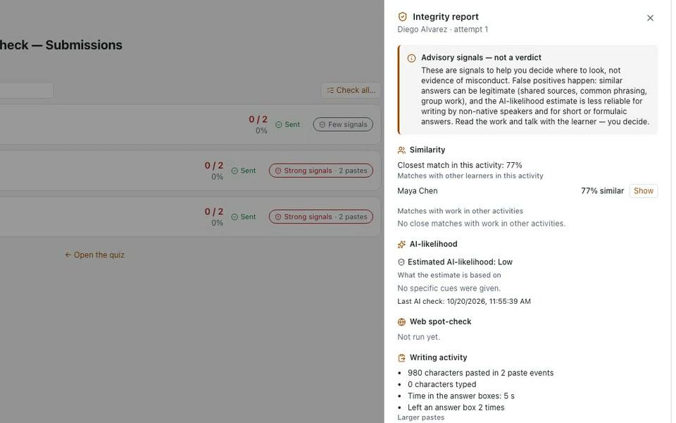 Integritätsbericht: „Beratende Signale — kein Urteil“, 77 % Ähnlichkeit mit einem Mitlernenden, KI-Wahrscheinlichkeit Niedrig, Zählwerte zur Schreibaktivität, neben den abgeblendeten Einreichungen mit Signal-Abzeichen