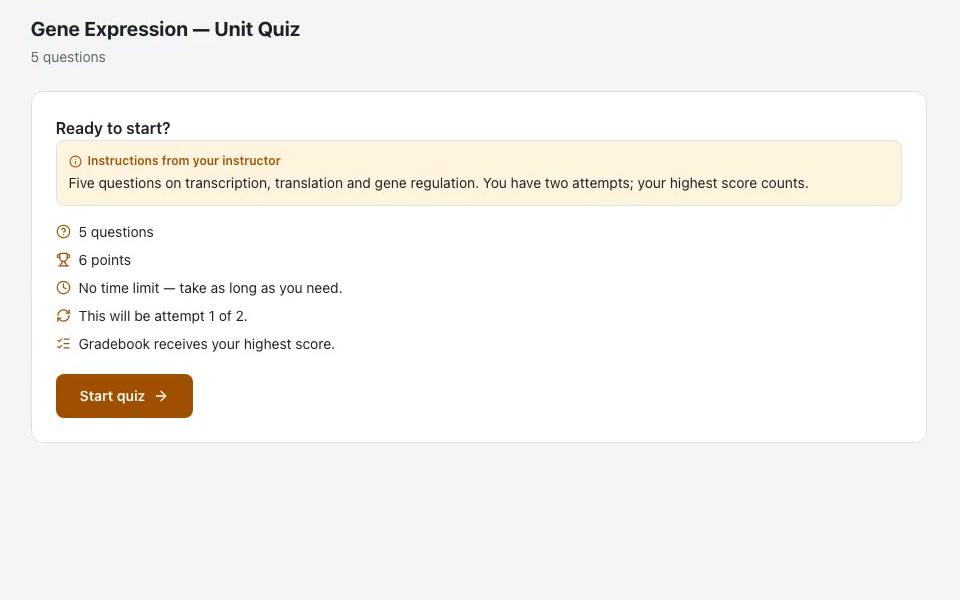 Startkarte eines Lernenden für ein bewertetes Quiz: die Anweisungen der Lehrkraft, 5 Fragen, 6 Punkte, kein Zeitlimit, Versuch 1 von 2, und das Notenbuch übernimmt die höchste Punktzahl