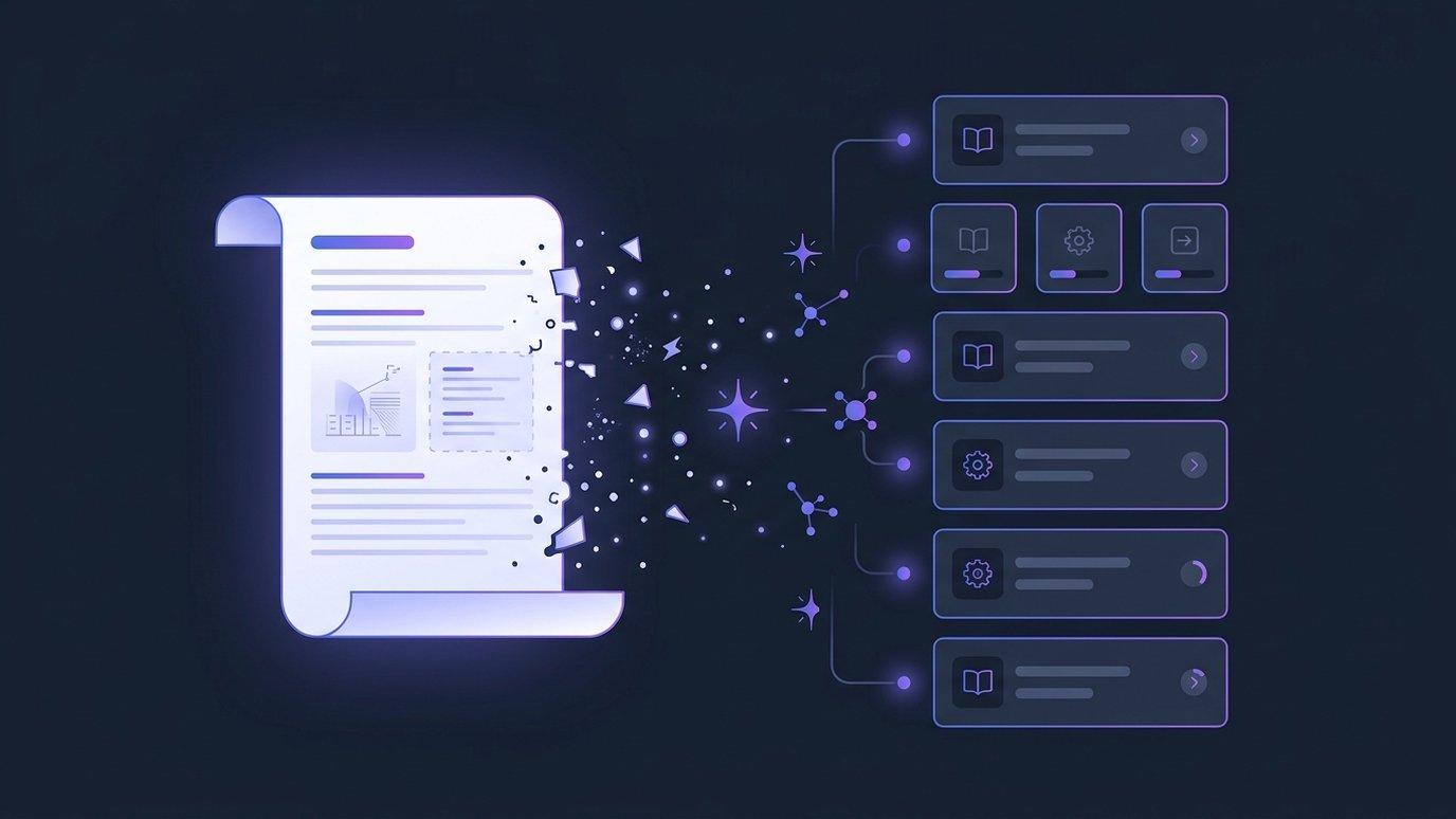 A document transforming into a structured course outline with modules and resources