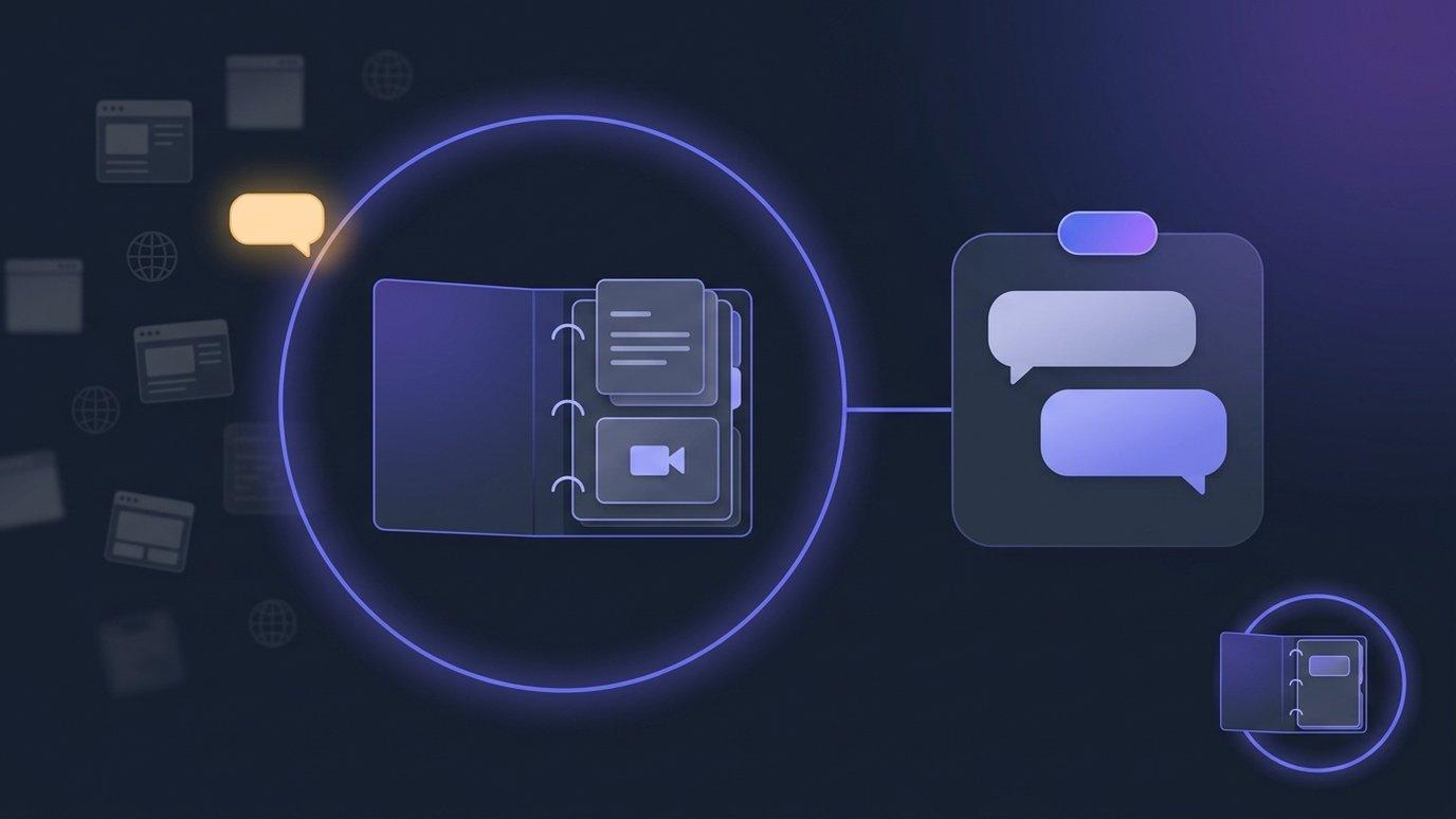 A binder of course materials inside a glowing indigo ring, linked to a chat panel, with generic web pages drifting out of focus beyond the ring and a smaller copied binder carrying its own ring — abstract vector shapes on a dark slate background, no legible text