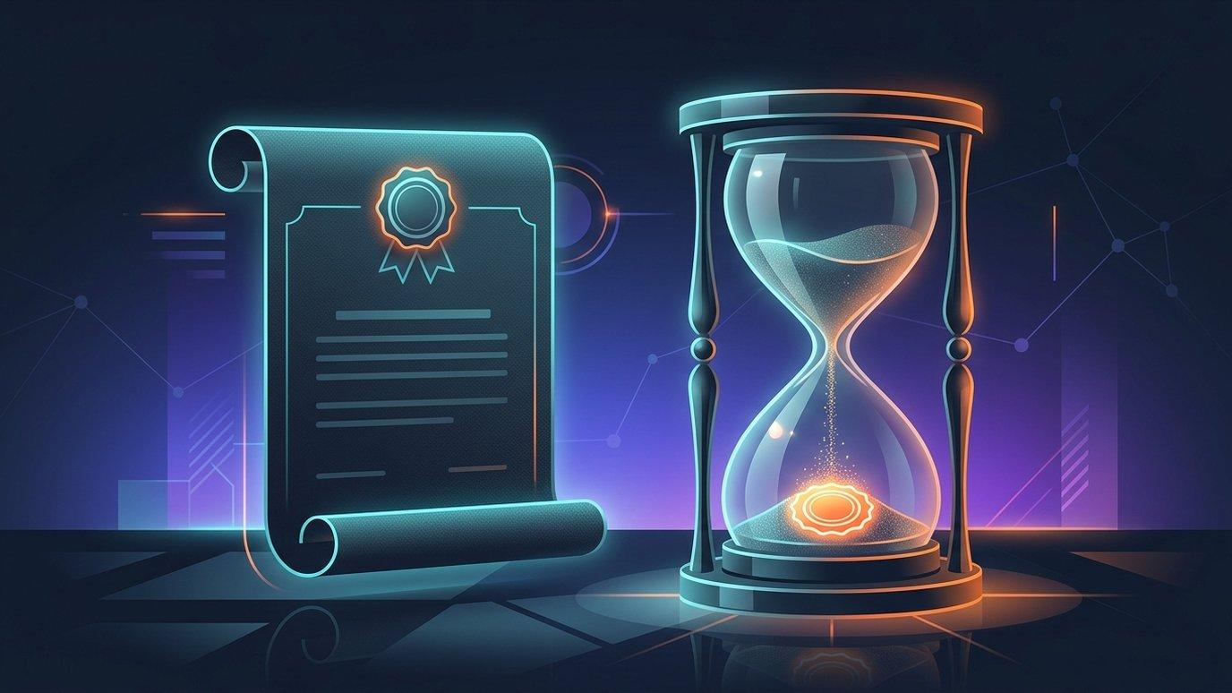 A certificate seal beside an hourglass whose grains renew into a fresh seal — validity, expiry, renewal