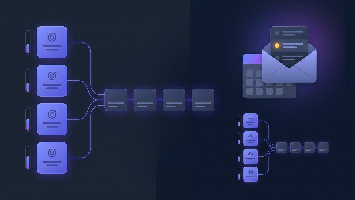 A column of outcome tiles linked by glowing indigo lines to a row of module blocks, each with a partly filled gauge, beside an envelope of list rows with one amber marker and a smaller copied set of outcomes in the corner — abstract vector shapes on a dark slate background, no legible text