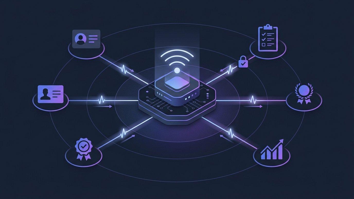 A central learning-platform hub sending glowing event pulses outward to CRM, HR, certificate, and analytics systems