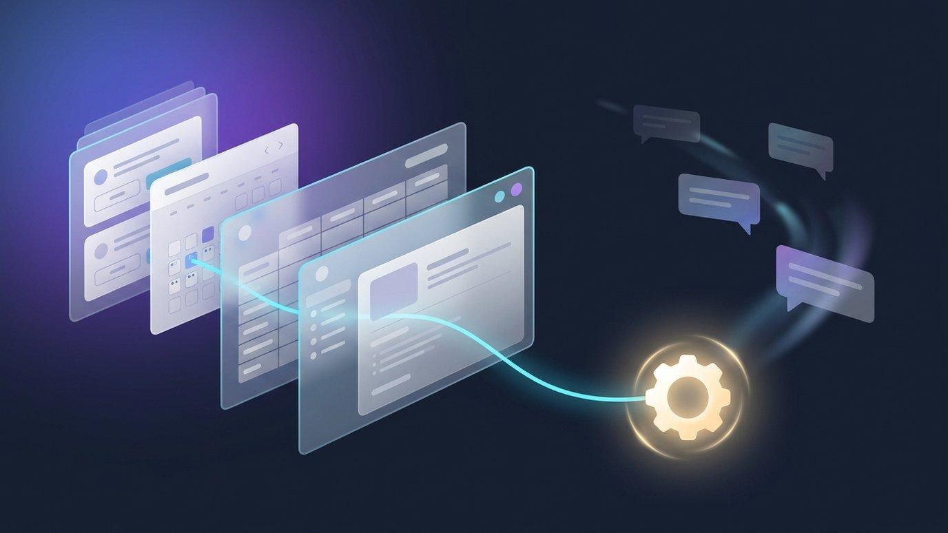 A single glowing cog-shaped orb hovering at the corner of a stack of translucent course pages, a thread of light connecting it to each page in turn
