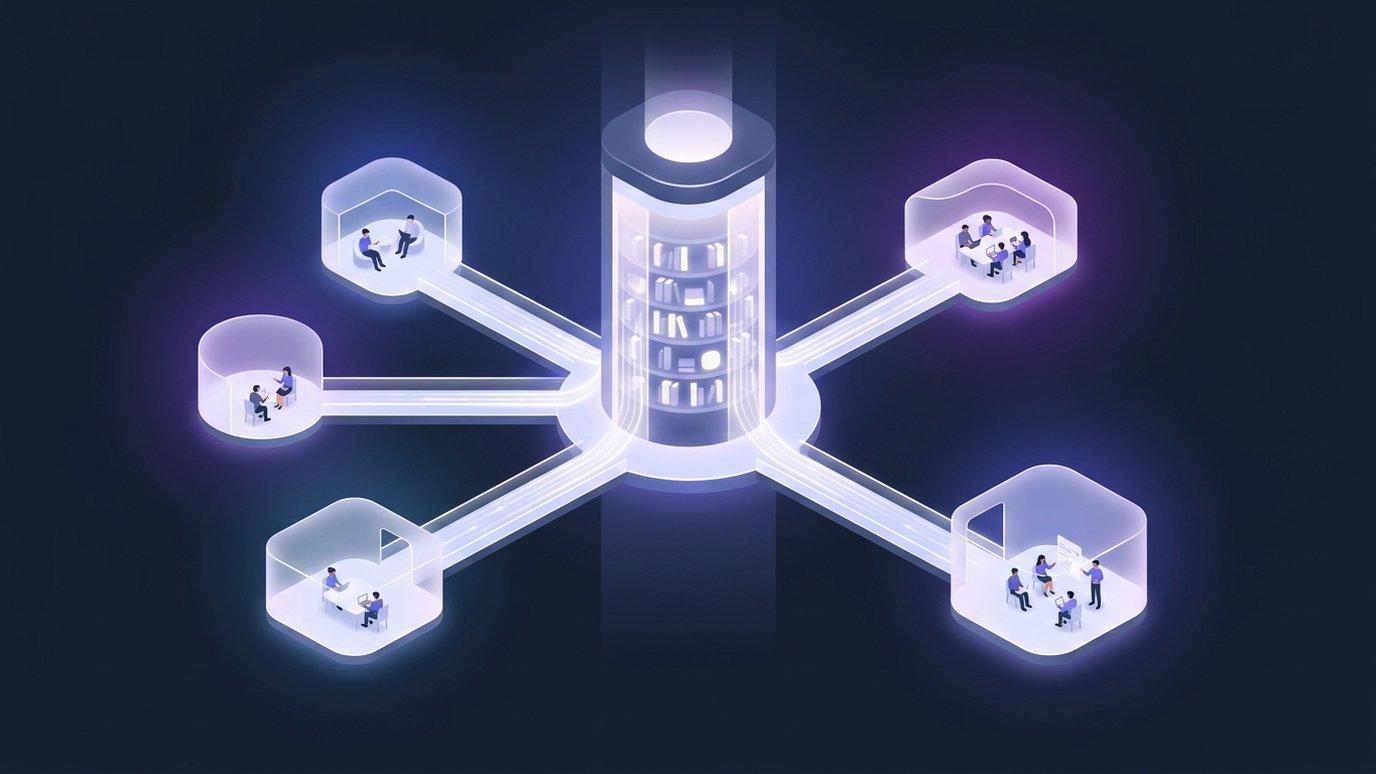 One glowing central tower connected to five smaller campus pavilions sharing streams of knowledge
