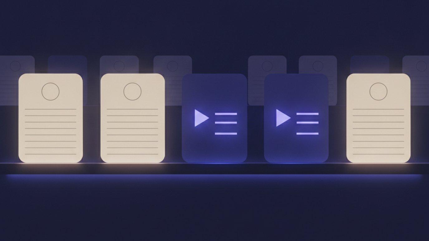 Cream student record cards and glowing indigo course cards resting side by side on one continuous lit shelf, with more of both receding into the dark behind them