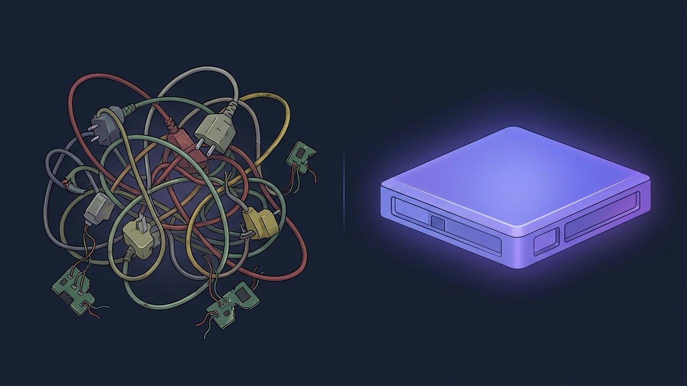 A single solid, softly glowing indigo slab sits whole and calm on the right while a knotted tangle of mismatched patch cables, odd plug adapters and loose circuit-board fragments sprawls across the left — abstract vector shapes on a dark slate background, no legible text