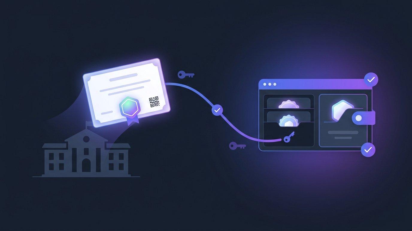 A digital certificate with a verification seal traveling from an academy to a learner's wallet
