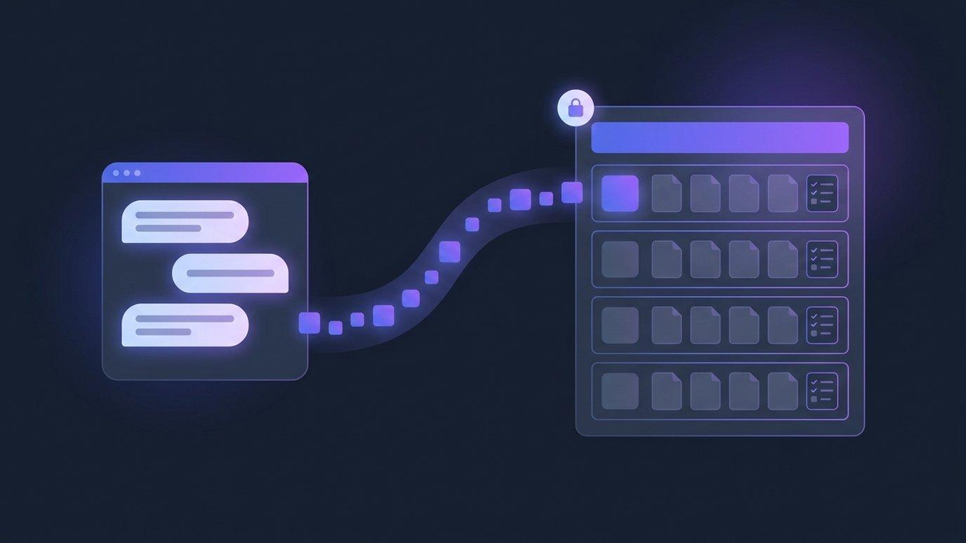 A chat window on the left sends a stream of glowing blocks along an indigo path into a structured course on the right — a course frame holding stacked module rows, page tiles and a small checklist tile, with a soft lock-shaped badge at its corner — abstract vector shapes on a dark slate background, no legible text