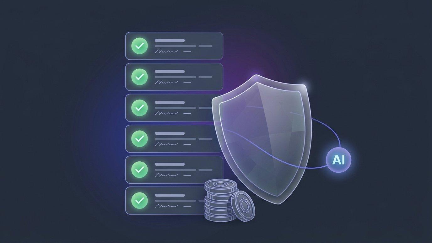 A stylized checklist of glowing rounded cards beside a shield and a stack of coins marked with an abstract federal seal, on a dark slate background — no legible text