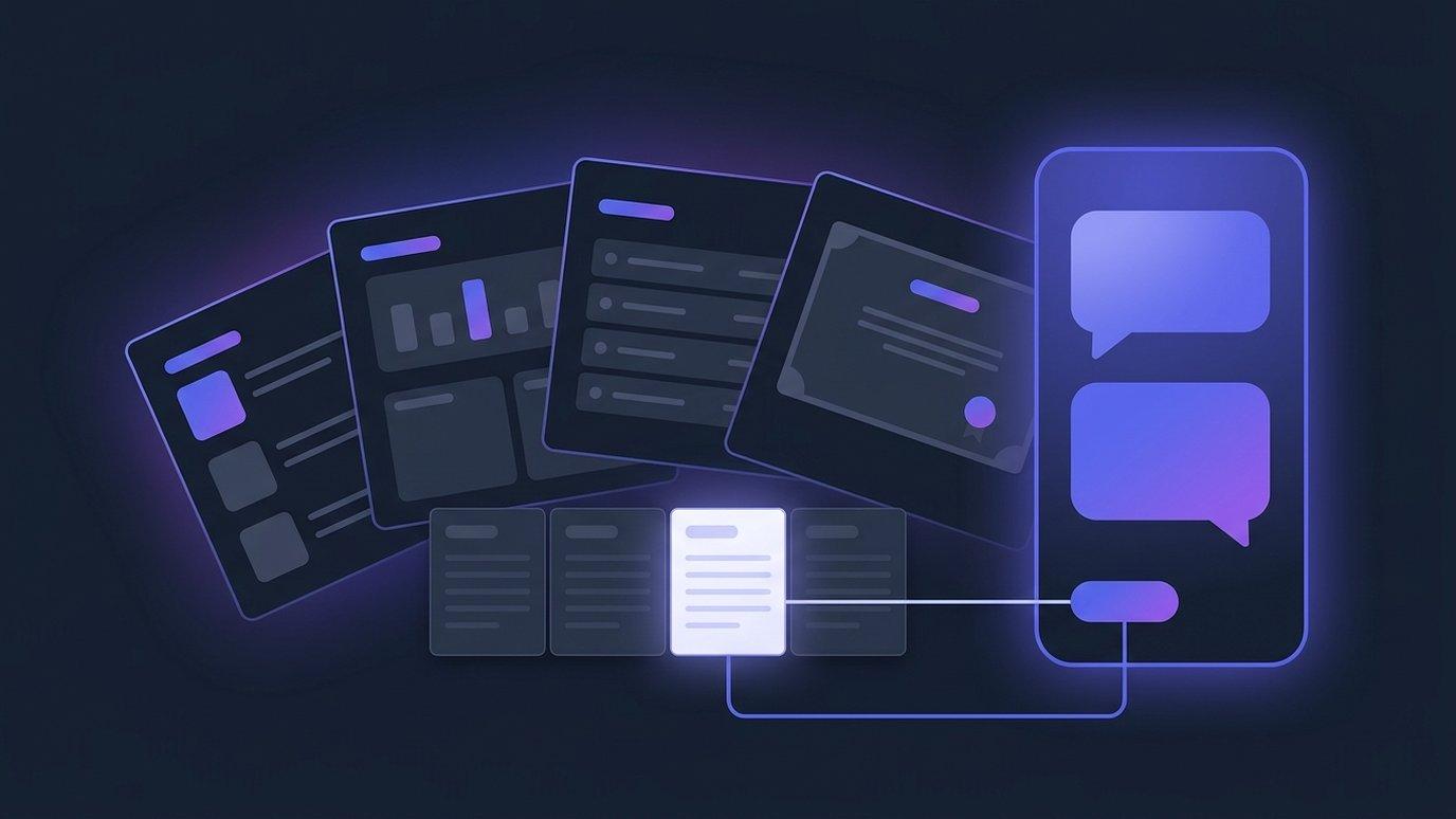 A chat panel docked beside a stack of academy pages, reaching out to open one report card and read its rows, with a small source tag linking the answer back to the report — abstract vector shapes on a dark slate background, no legible text