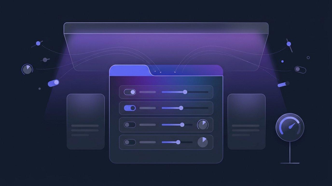A single course card with one glowing indigo tab open, its panel holding a few neat control rows, linked to a larger organization frame above it and a small gauge at its side — abstract vector shapes on a dark slate background, no legible text