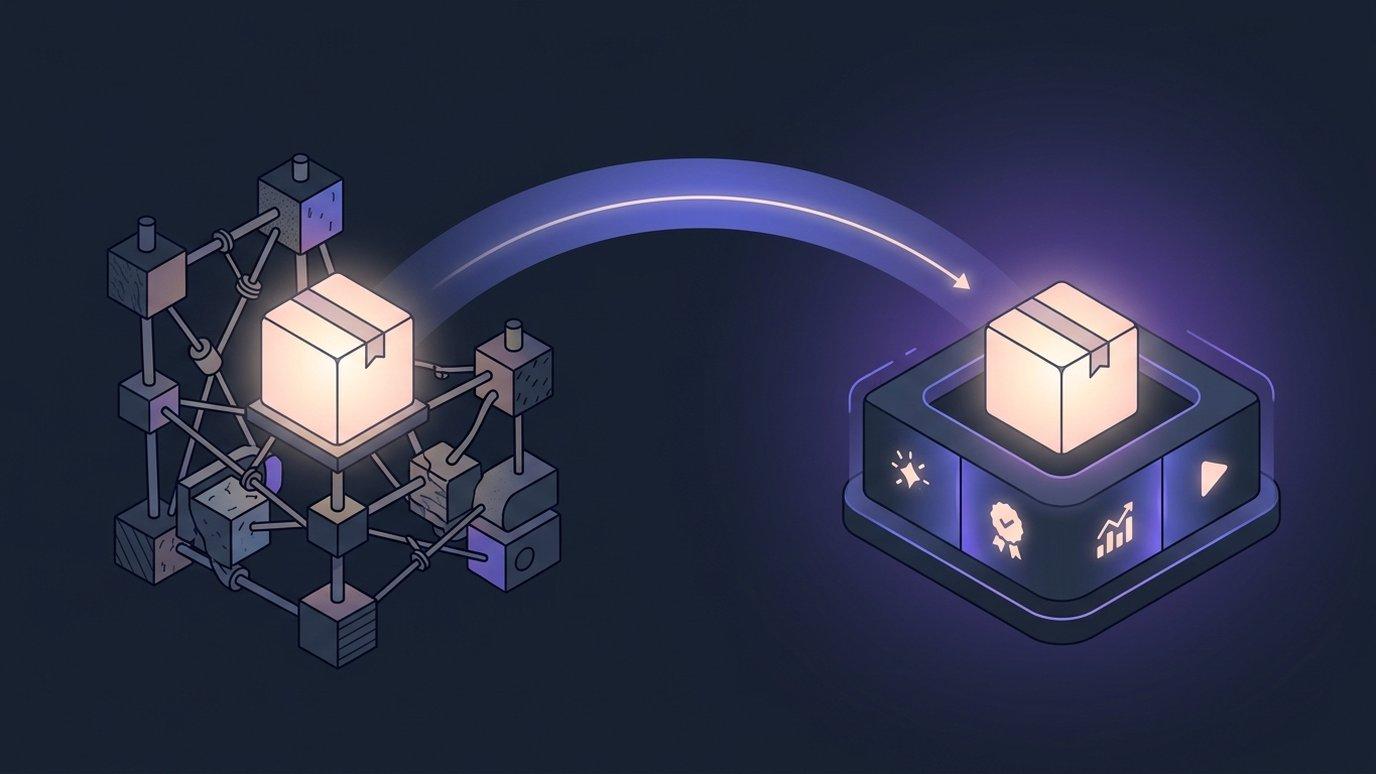 A single course archive lifting away from a scaffold of disconnected add-on modules and landing intact inside one unified platform