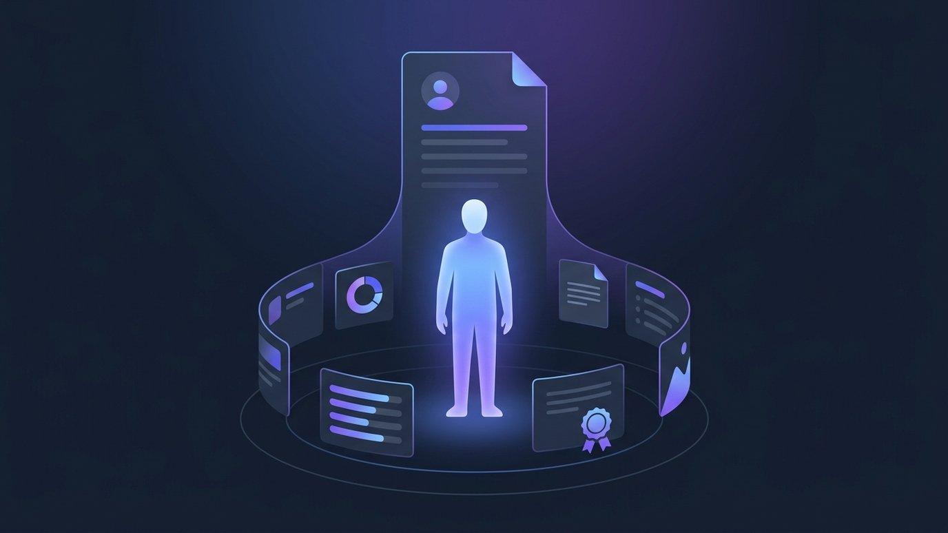 A single luminous figure at the center of a ring of records — program cards, course score bars, submitted work, and certificate seals — all converging into one page