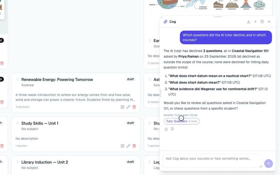 Cog respondendo quais perguntas o tutor de IA recusou, com o relatório que usou