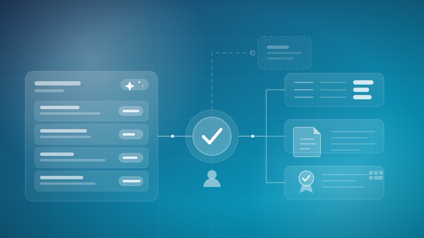 A rubric-based AI grading panel with per-criterion scores flowing through an instructor approval step into a gradebook, transcript, and certificate