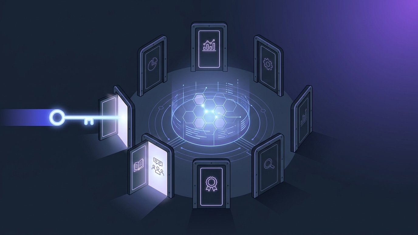 A ring of separate doorways into a central learning-data core, with a single key opening only the three doors an integration needs while the rest stay sealed