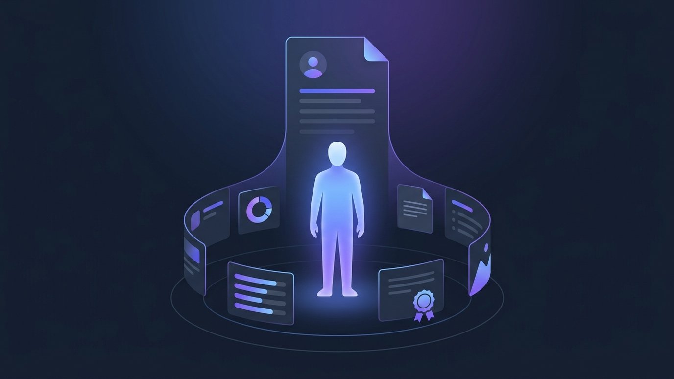 A single luminous figure at the center of a ring of records — program cards, course score bars, submitted work, and certificate seals — all converging into one page